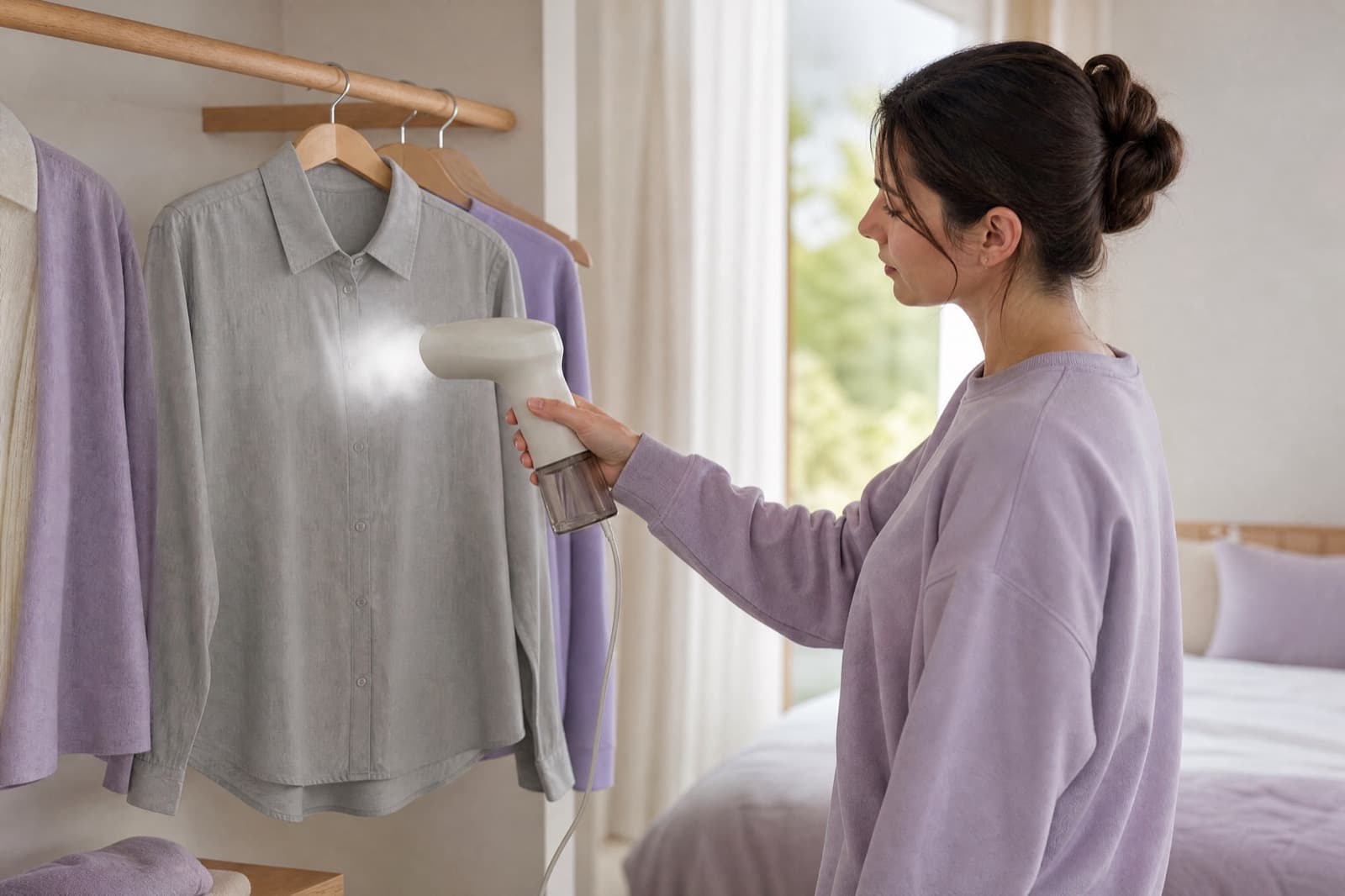 A person holding a handheld garment steamer at a safe arm's length, steaming a plain grey shirt hanging on a wooden hanger, nozzle pointed away from the body