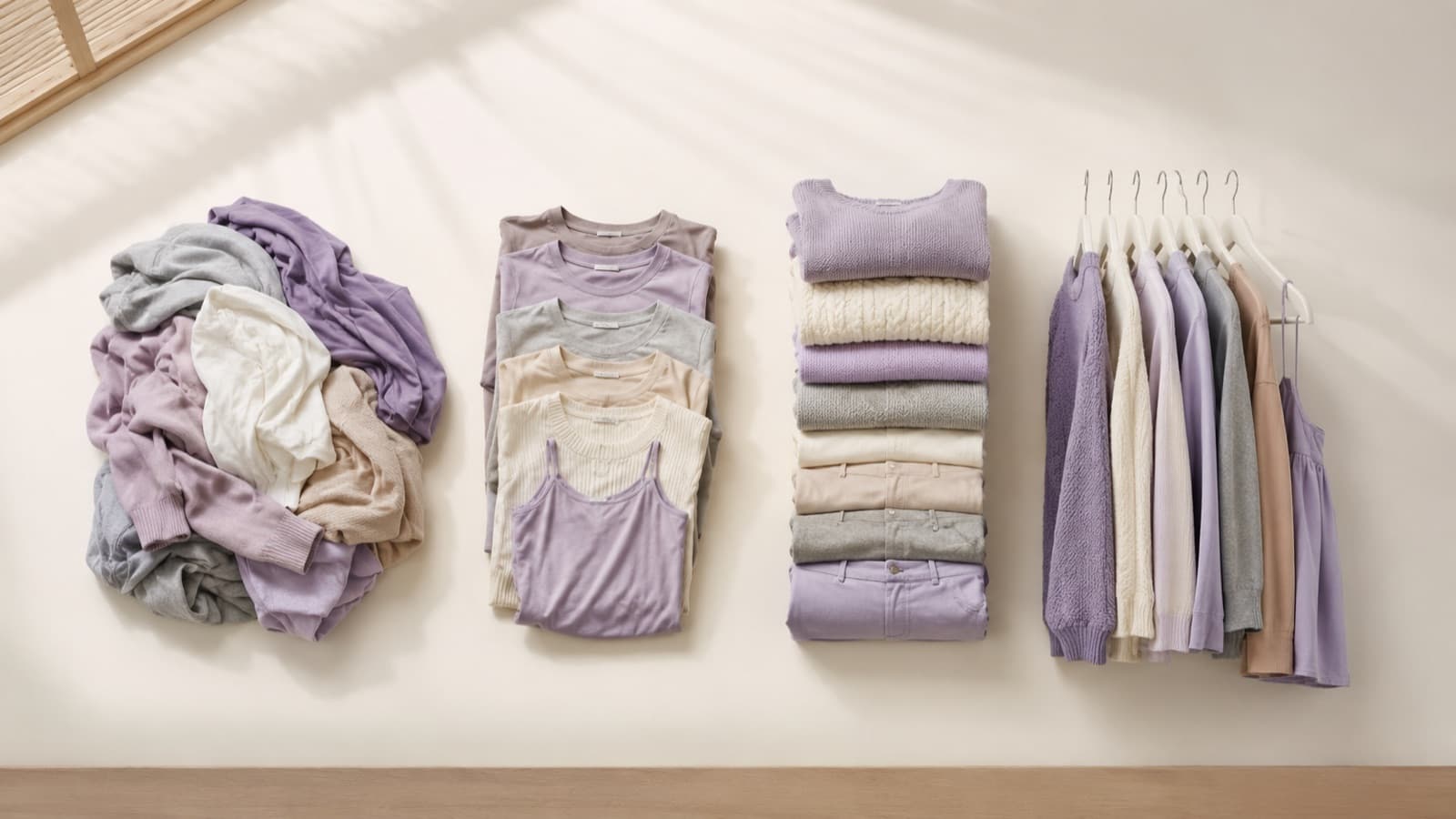 Four stages of a wardrobe reset laid out in order, from a jumbled pile through sorted and folded stacks to garments on matching aligned hangers