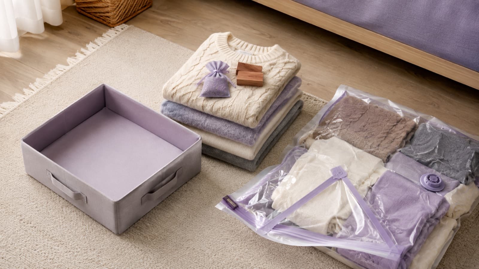 Folded winter knitwear beside an open vacuum compression bag with cedar blocks and a lavender sachet on the stack, and an under-bed storage box waiting alongside
