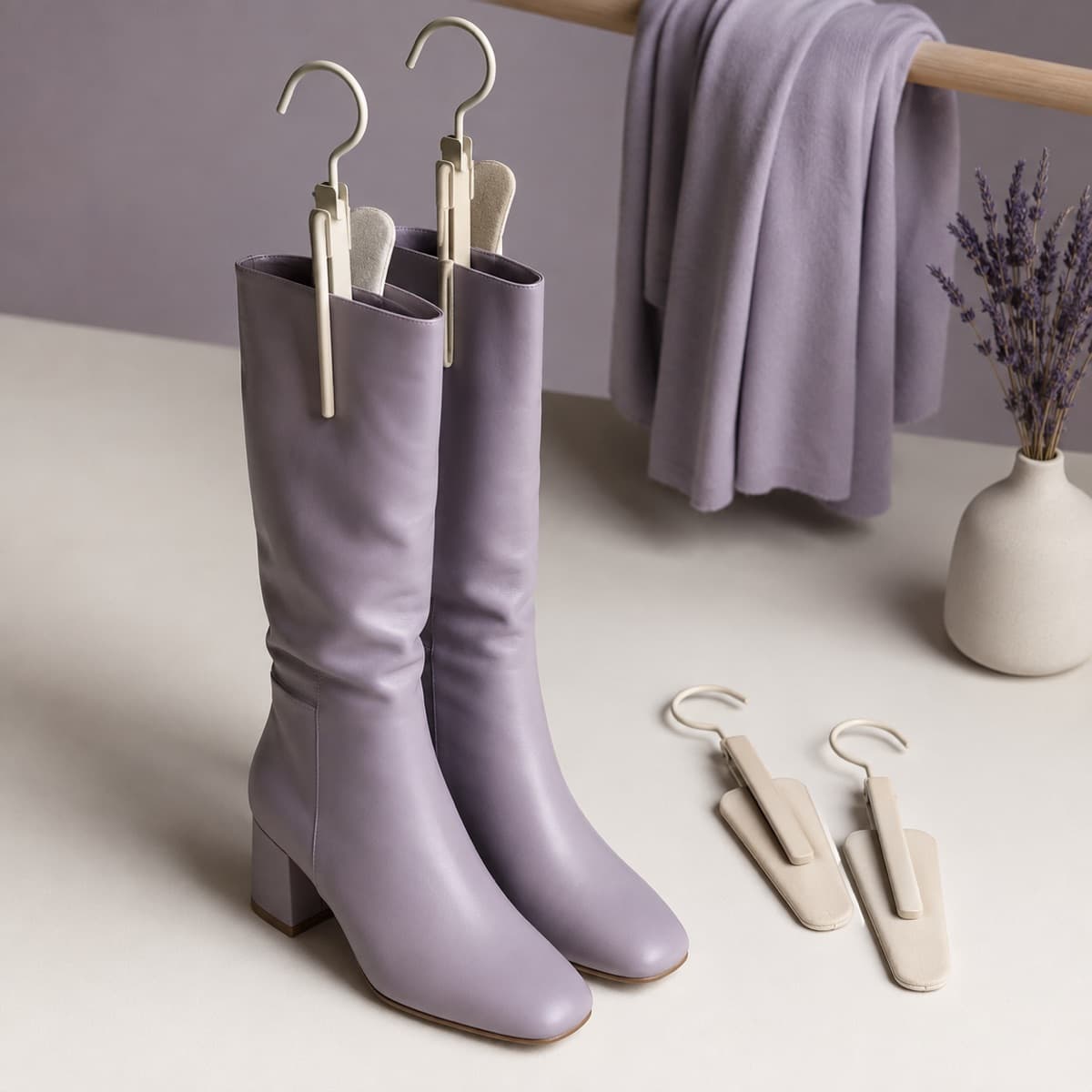 Boot & Long-Item Hanger Clips — Tall boots hung by the shaft keep their line instead of folding over.