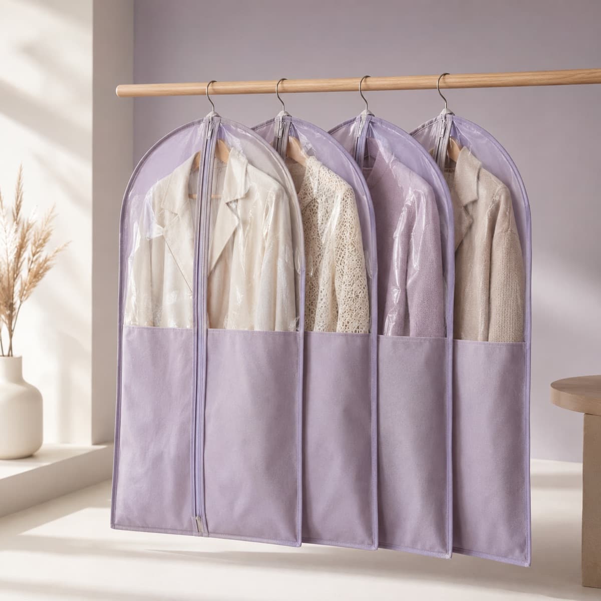 Breathable Garment Bag 4-Pack — For long-term hanging storage — breathable, not vacuum-sealed.