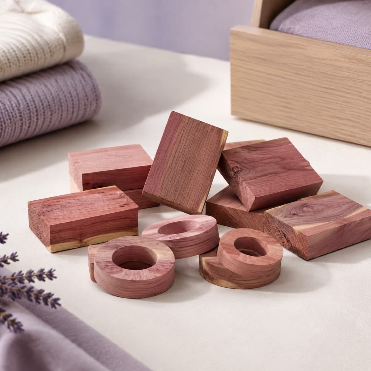 Cedar Block & Ring Set 20-Pack — Aromatic red cedar. A physical, fragrance-based approach — not a pesticide.