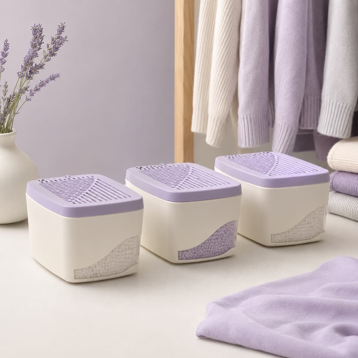 Dehumidifier Box Trio (Refillable) — Three refillable moisture boxes for closets that never quite dry out.