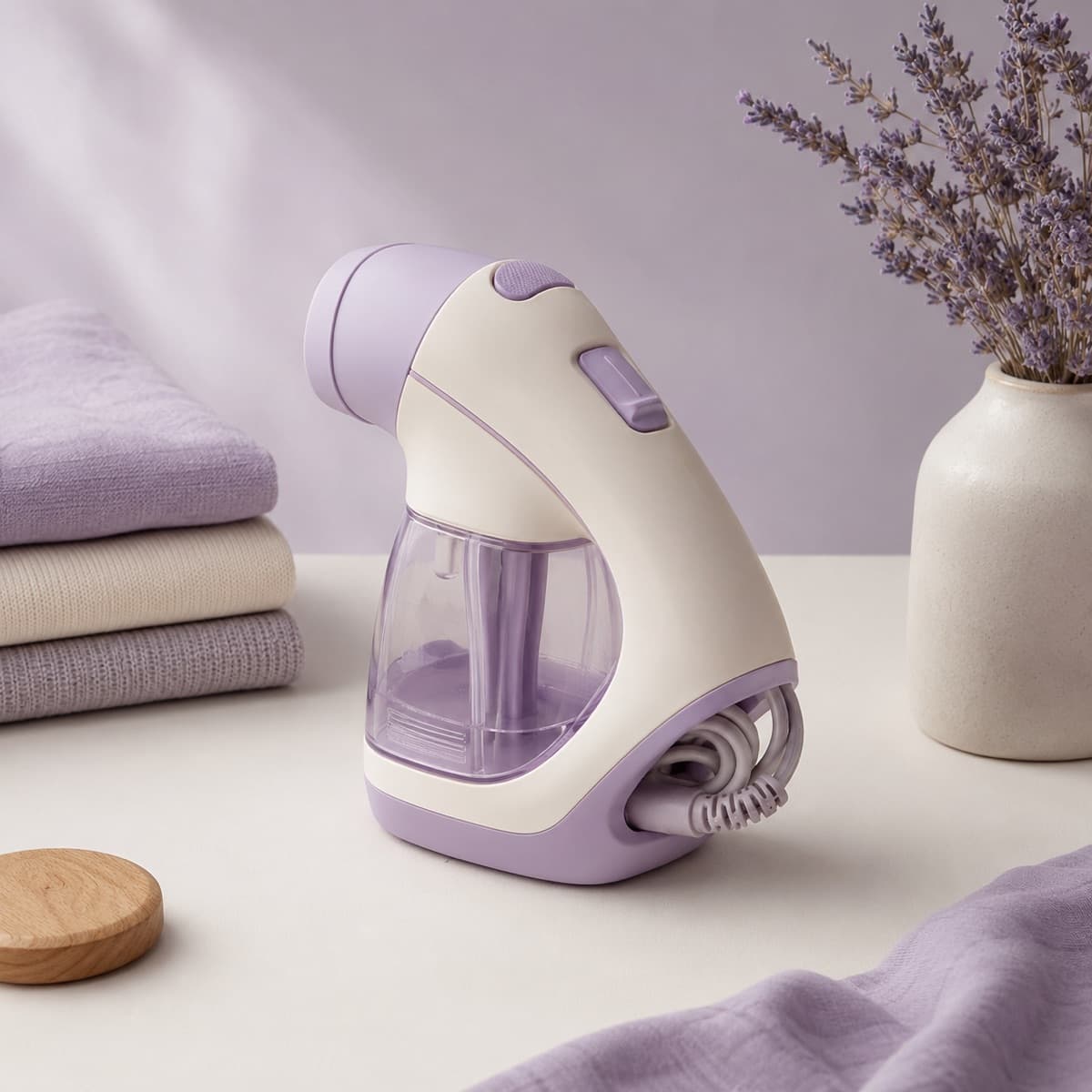Handheld Garment Steamer (Low-Wattage) — A compact domestic steamer for hanging garments. Plain water only.