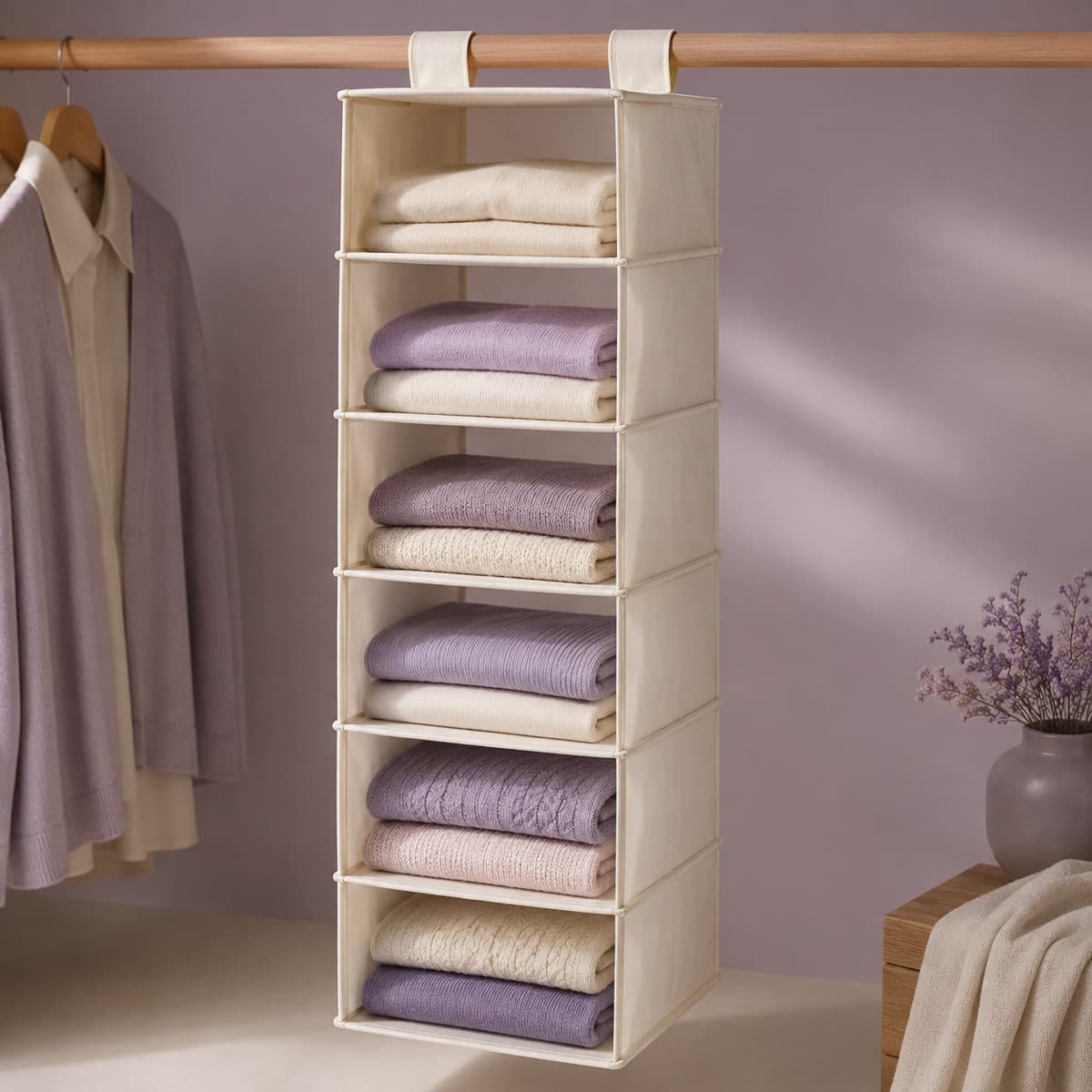 Hanging Shelf Organiser 6-Tier — Six compartments for the knitwear that should never be on a hanger.