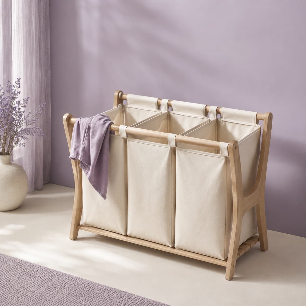 Laundry Sorter 3-Bag Stand — Sorting at the point of undressing, not at the point of washing.