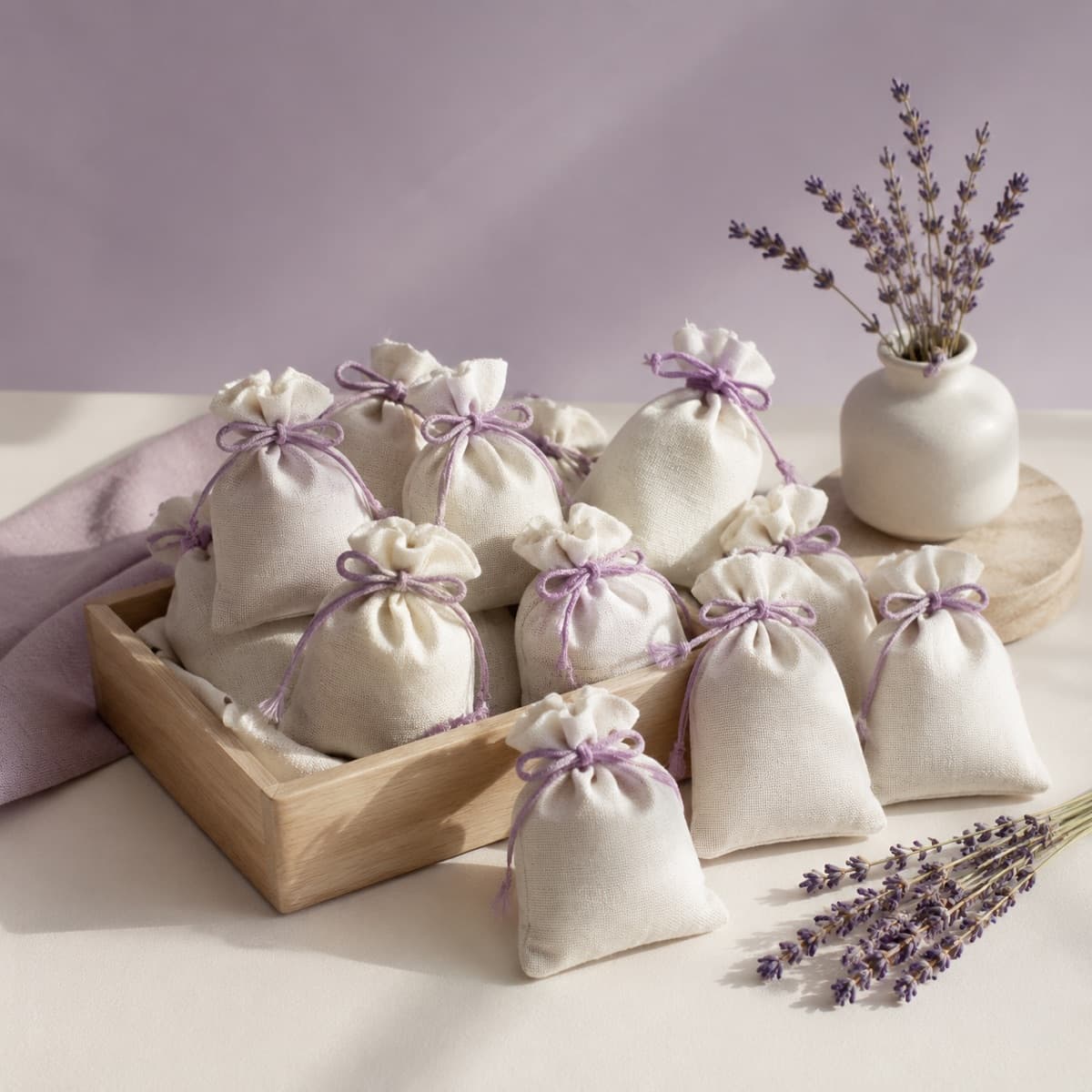 Lavender Sachet 12-Pack — Twelve linen sachets of dried lavender for drawers, boxes and hanging bags.