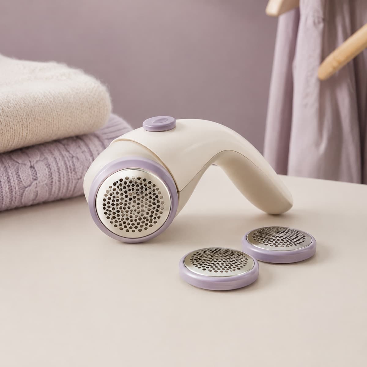 Manual Fabric Shaver + Blades — Hand-powered pill removal with two spare mesh blades. No cord, no battery.