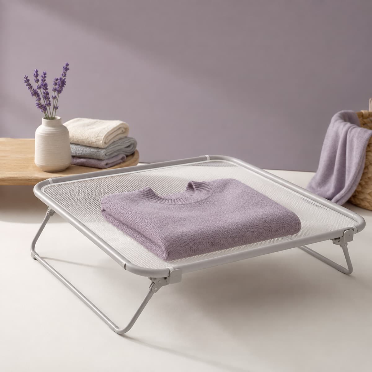 Mesh Drying Rack Flat — Knitwear dried flat keeps its shape. Hung wet, it grows.