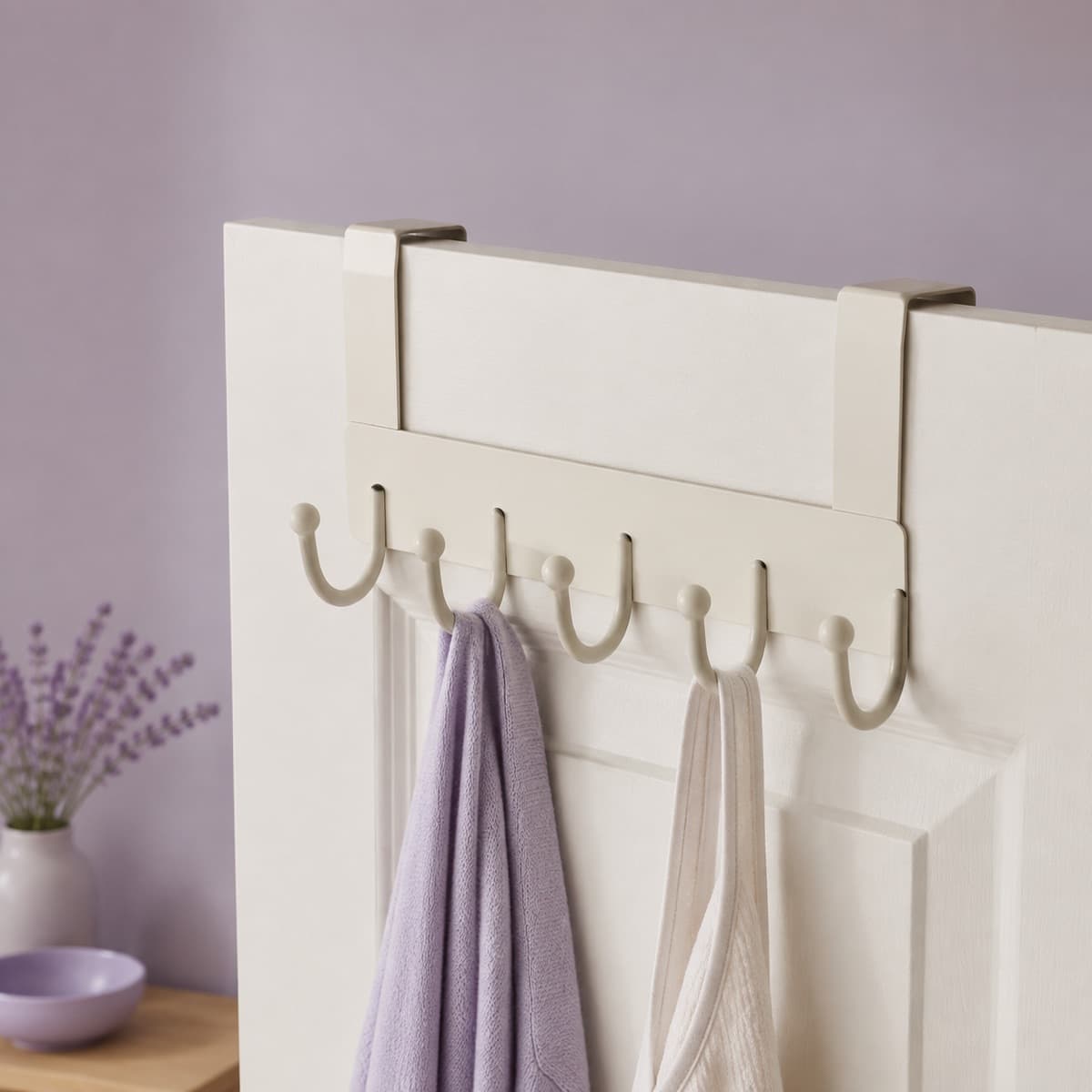 Over-Door Hook Rack (No-Drill) — Five hooks and no holes — the rental-friendly answer to a full rail.