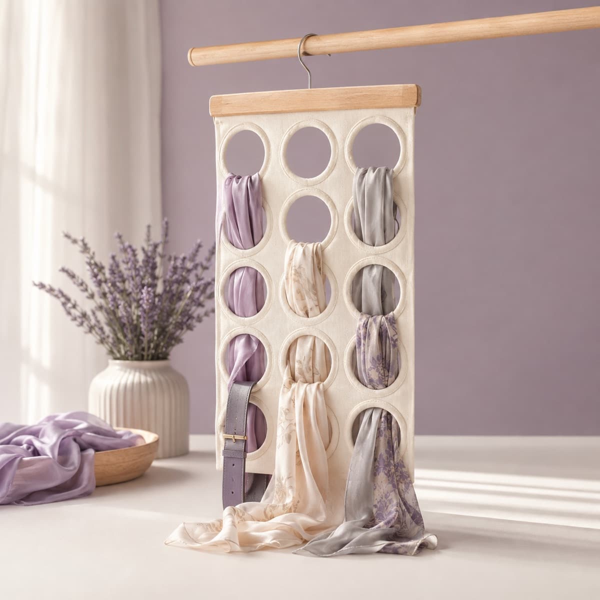 Scarf & Belt Hanging Organiser — Twenty-four openings so accessories stop living in a knot on a shelf.