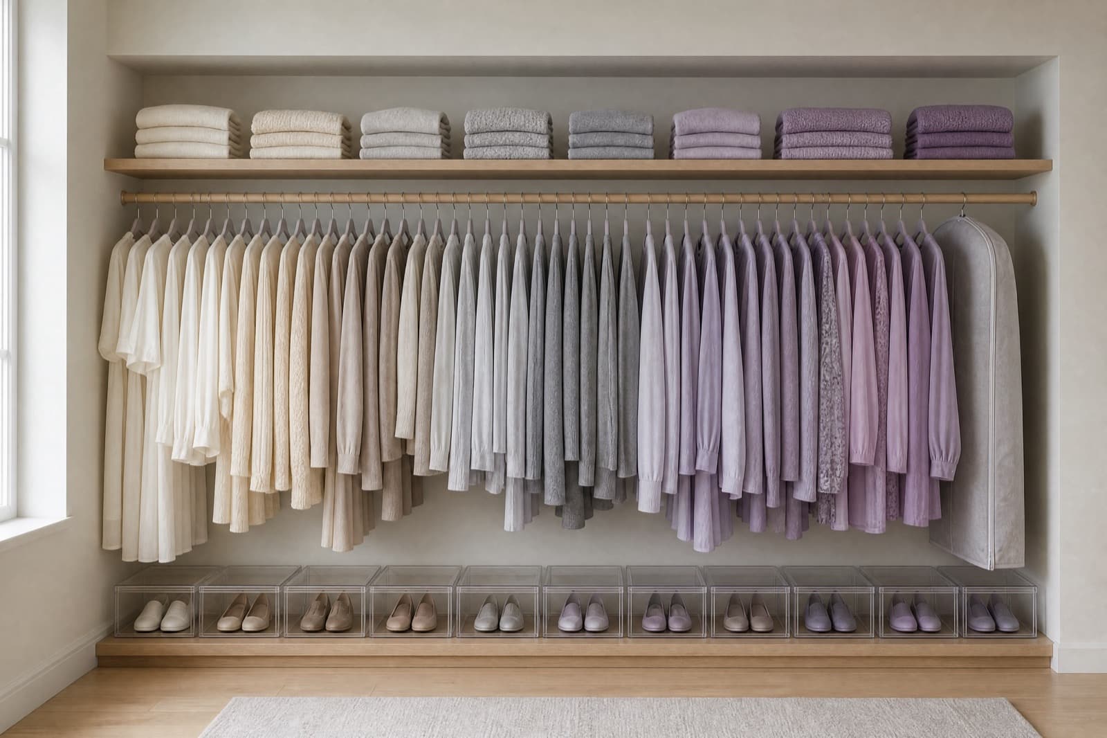 The same wardrobe reorganised with uniform slim hangers evenly spaced, knitwear folded in neat stacks and shoes in clear boxes