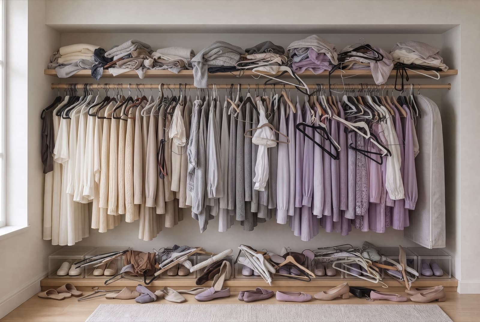 A cluttered wardrobe with mismatched crowded hangers, clothes piled on the shelf above and shoes jumbled on the floor