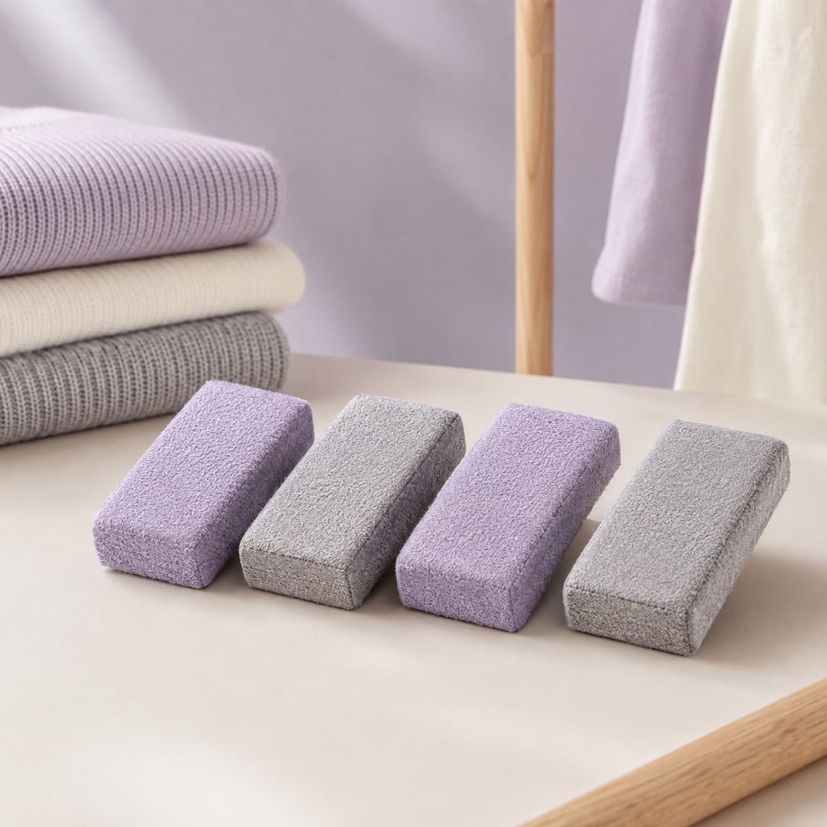 Fabric Depiller Sponge 4-Pack — Crepe-textured sponges for the knits a blade would be too aggressive on.