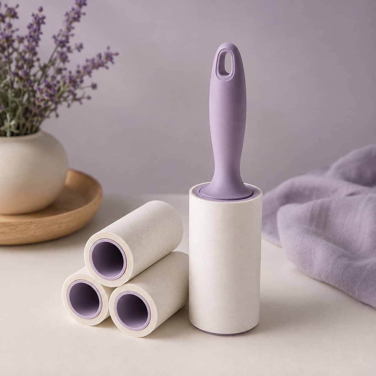 Lint Roller Set (3 Rolls + Handle) — Sixty sheets across three refills, with a handle that does not fall apart.