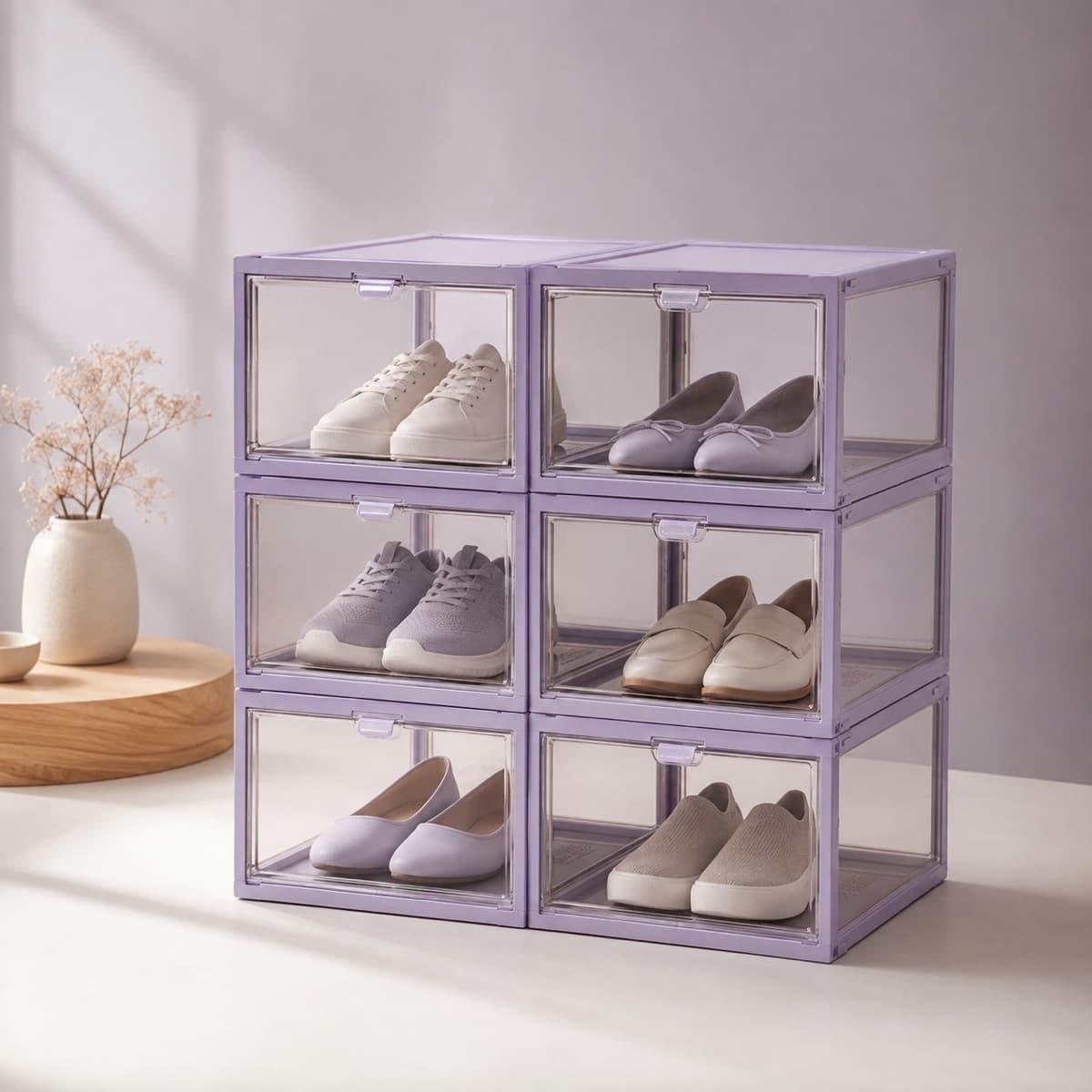 Shoe Storage Box 6-Pack (Clear) — Stackable, drop-front, and you can see what is in each one.