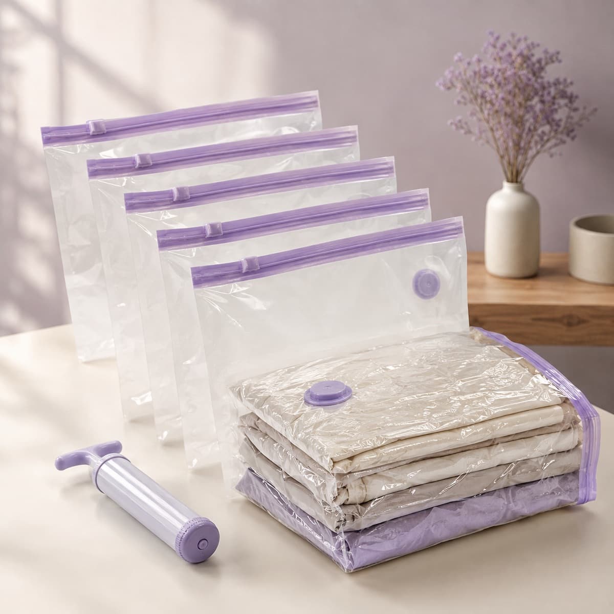 Vacuum Storage Bag Set of 6 + Pump — Six bags and a hand pump — no vacuum cleaner required.