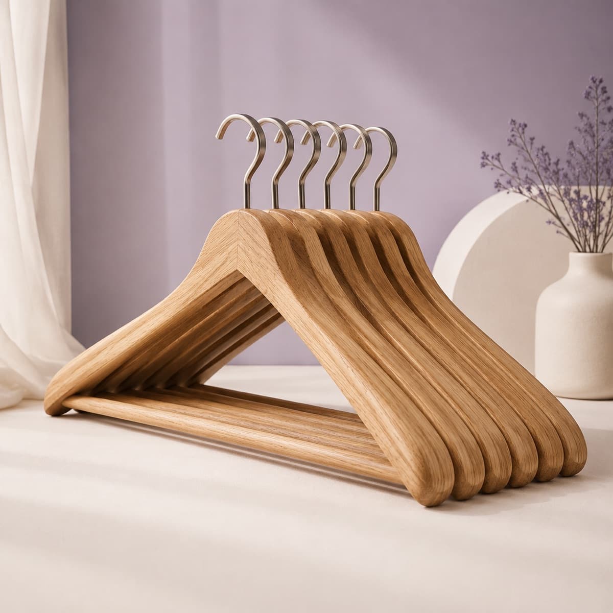 Wooden Suit Hanger 6-Pack — Contoured oak shoulders for the jackets and coats that need real support.