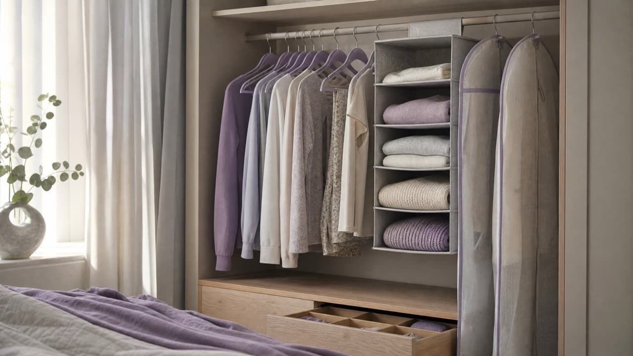 An organised wardrobe in soft morning light, garments hung on evenly spaced matching hangers